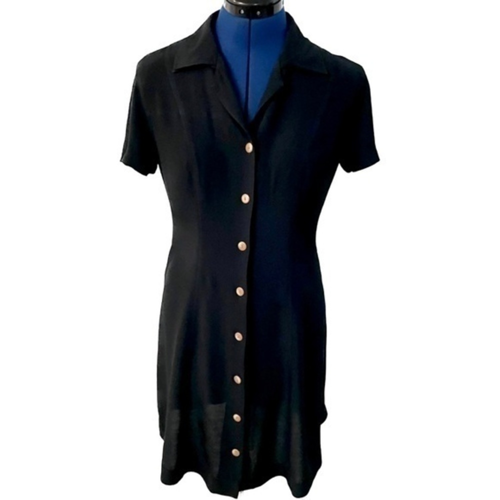 Tillsonburg - Dress - Black - Vintage - Rayon - Modest - Button Front - Large